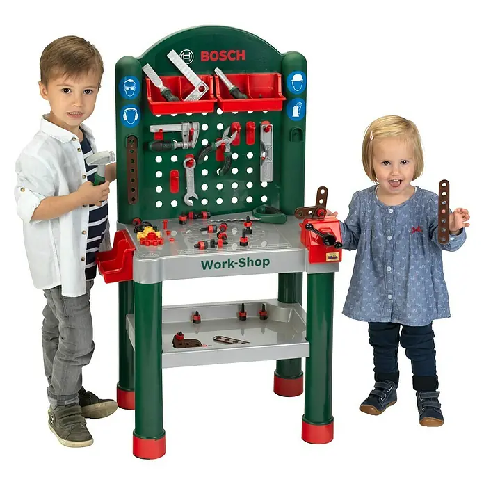 Klein Bosch Banco de trabajo infantil 2 - L x An x Al: 50 x 37 x 105 cm - Niños jugando con un juego de banco de trabajo Bosch completo con herramientas y accesorios.