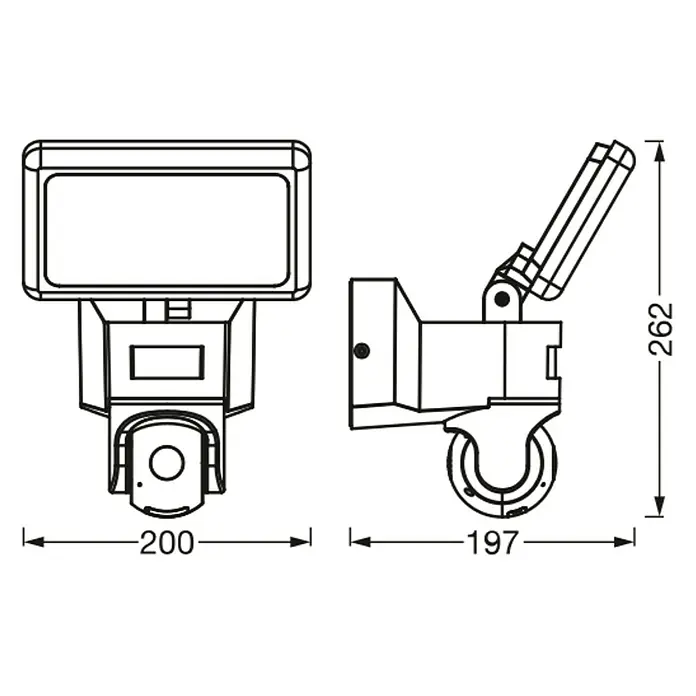 Osram LED-Außenwandleuchte - 23 W, 20 x 19,7 x 26,2 cm, Dunkelgrau, IP44 - Produktskizze eines Scheinwerfers mit Abmessungen.