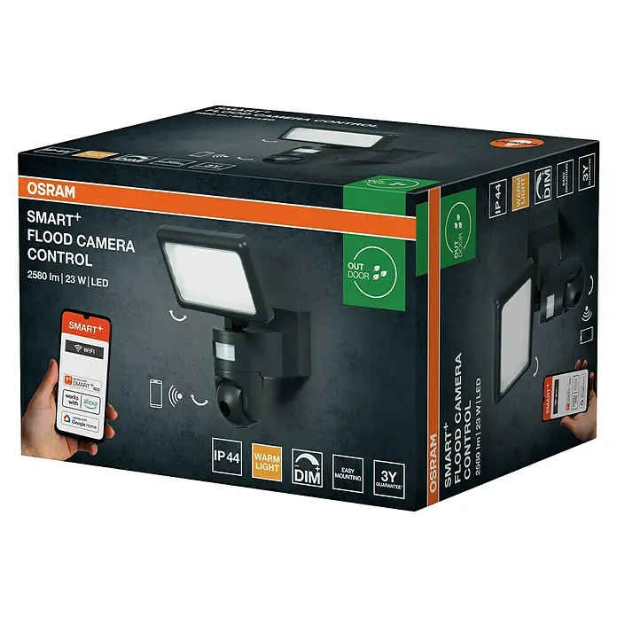 Osram LED-Außenwandleuchte - 23 W, 20 x 19,7 x 26,2 cm, Dunkelgrau, IP44 - Die Verpackung der OSRAM SMART+ Flutlicht-Kamera mit Bewegungssensor und App-Steuerung für den Außenbereich.