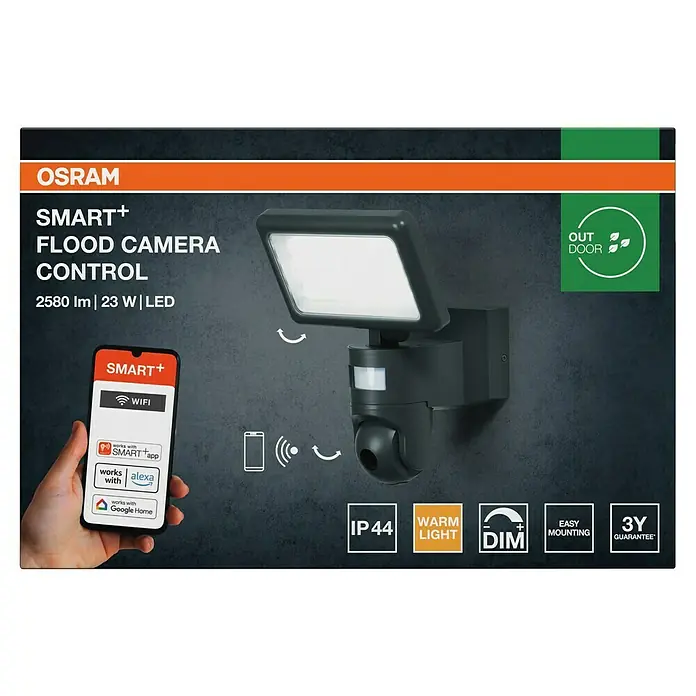 Osram LED-Außenwandleuchte - 23 W, 20 x 19,7 x 26,2 cm, Dunkelgrau, IP44 - Abbildung einer OSRAM SMART+ Flutlicht-Kamera mit Steuerung. Sie bietet 2580 lm, 23 W LED, WLAN und App-Steuerung.