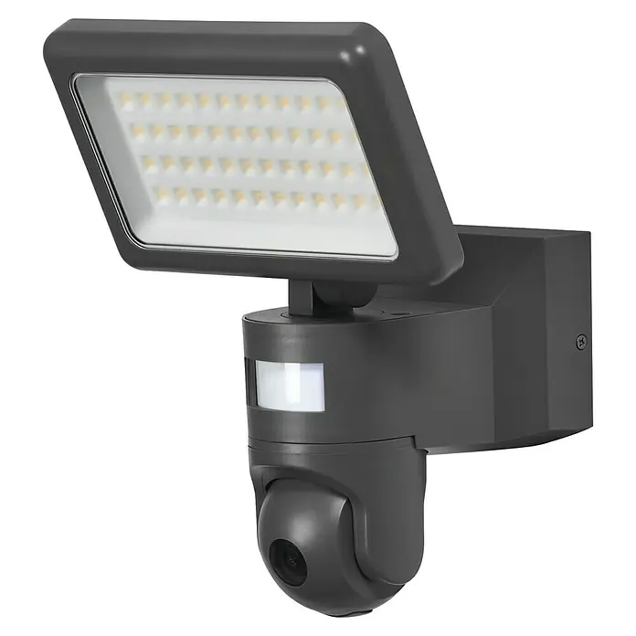 Osram LED-Außenwandleuchte - 23 W, 20 x 19,7 x 26,2 cm, Dunkelgrau, IP44 - Das Bild zeigt eine moderne Überwachungskamera mit LED-Flutlicht für den Außenbereich in dunklem Grau, ideal für Sicherheit.
