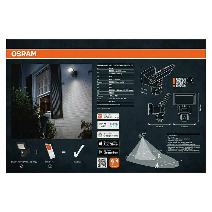Osram LED-Außenwandleuchte - 23 W, 20 x 19,7 x 26,2 cm, Dunkelgrau, IP44 - Abbildung einer OSRAM SMART OUTD WiFi Flood Kamera mit DG, die intelligente Sicherheitsfunktionen für Ihr Zuhause bietet.