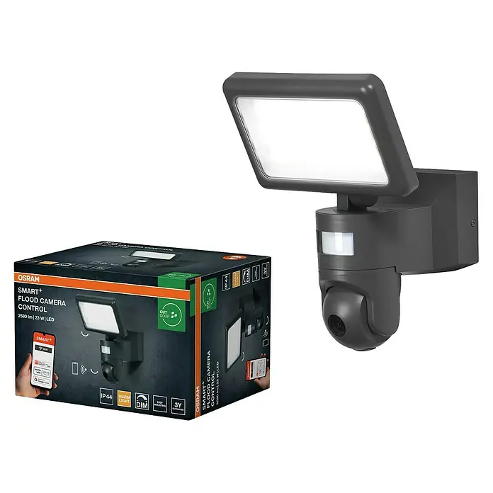 Osram LED-Außenwandleuchte - 23 W, 20 x 19,7 x 26,2 cm, Dunkelgrau, IP44 - Das Bild zeigt eine OSRAM SMART+ Flutlicht-Kamera mit Bewegungssensor und intelligenter Steuerung für den Außenbereich, inklusive Verpackung.