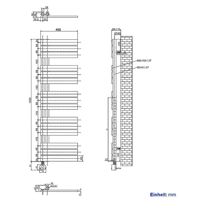 Emke Elektro-Badheizkörper Flachrohr Handtuchwärmer Calida - B x H: 40 x 132 cm - Technische Zeichnung eines Heizkörpers mit verschiedenen Maßangaben und Wandbefestigung.