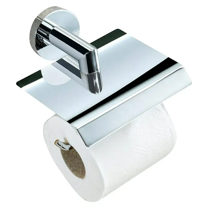 Bath Stage B-Good Portarrollos papel higiénico - Con tapa, Cromo, Brillante - Primer plano de un brillante y moderno portarrollos de papel higiénico con un rollo de papel higiénico sobre un fondo neutro.