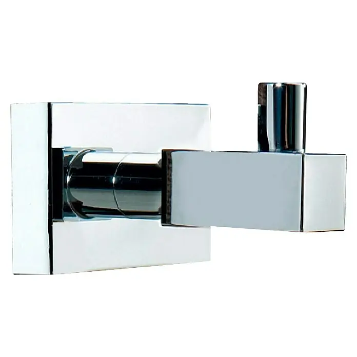 Bath Stage B-River Toallero de gancho - 1 ud., Cromo, Brillante - Primer plano de un moderno toallero cromado con base cuadrada, que muestra un diseño minimalista y una estética elegante.