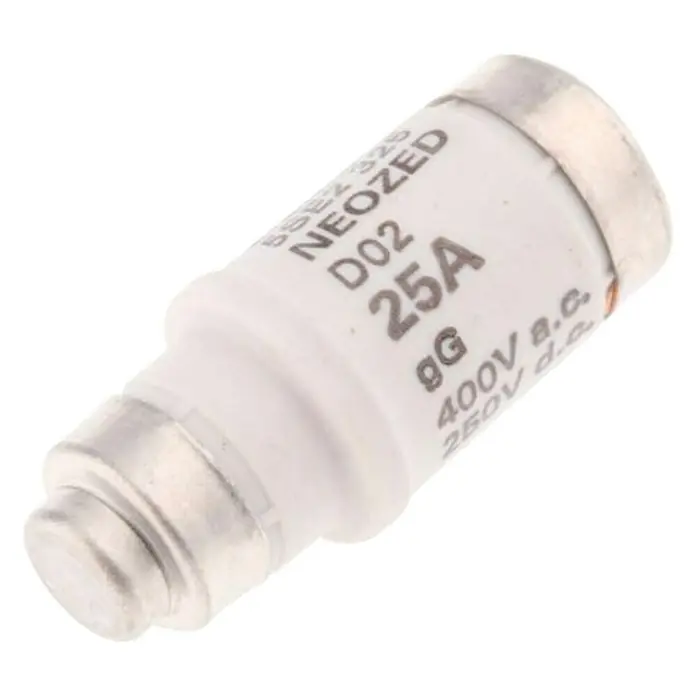 Rexel Fusible cerámico DO3 - 80 A, Gris claro - Fusible NEOZED D02 25A, tipo gG, 400V AC / 250V DC, utilizado para proteger sistemas y equipos eléctricos contra sobrecargas y cortocircuitos.
