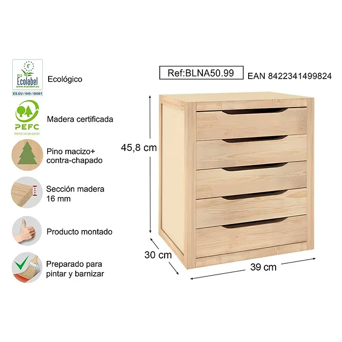 Astigarraga Cajonera Natura - L x An x Al: 30 x 39 x 45,8 cm, Número de cajones: 5 ud., Madera, Beige - Imagen de una cajonera de madera de pino sin tratar con cinco cajones y dimensiones 45,8 x 39 x 30 cm.