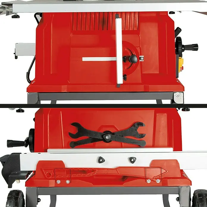 Einhell Tischkreissäge TE-CC 250 UF - 2.000 W, Durchmesser Sägeblatt: 250 mm - Nahaufnahme einer roten Kreissäge mit grauem Gestell, die Funktionalität und Präzision für Holzarbeiten verspricht.