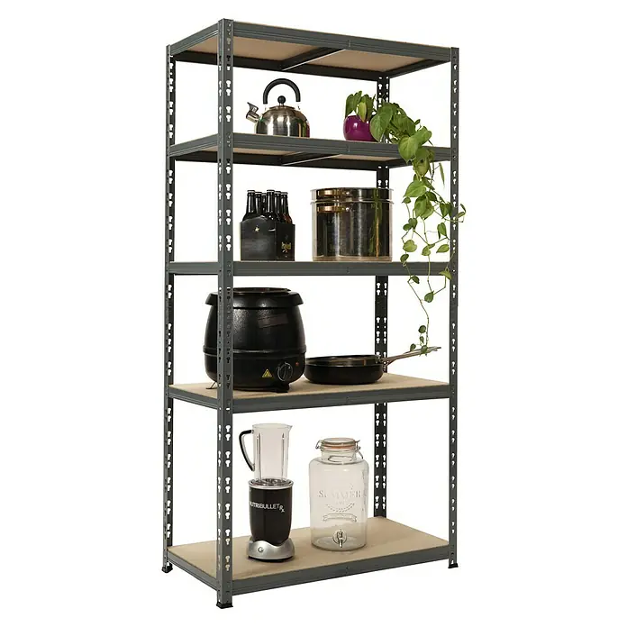 Regalux Metallregal - H x B x T: 180 x 90 x 40 cm, Traglast pro Boden: 175 kg, Anzahl Böden: 5 Stk., Stecken, Blau-Grau - Ein Regal mit Küchenutensilien, darunter ein Wasserkocher, eine Topfpflanze, Töpfe, Flaschen, eine elektrische Suppenkelle, eine Pfanne, ein Mixer und ein Getränkespender.