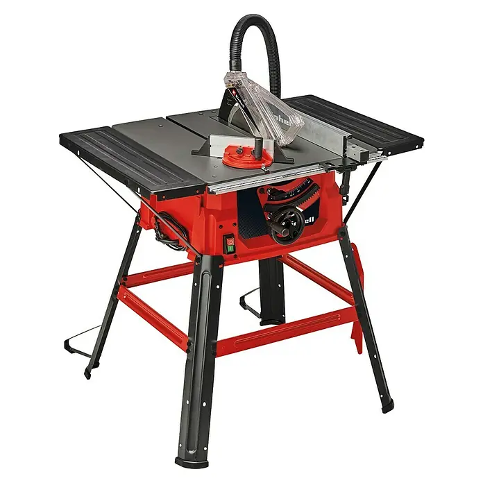 Einhell Tischkreissäge TC-TS 2025/2 U - 1.800 W, Durchmesser Sägeblatt: 250 mm, Schnitttiefe bei 90 °: 85 mm - Hier ist eine rote und schwarze Tischkreissäge mit einem grauen Tisch, die auf einem schwarzen Hintergrund steht.