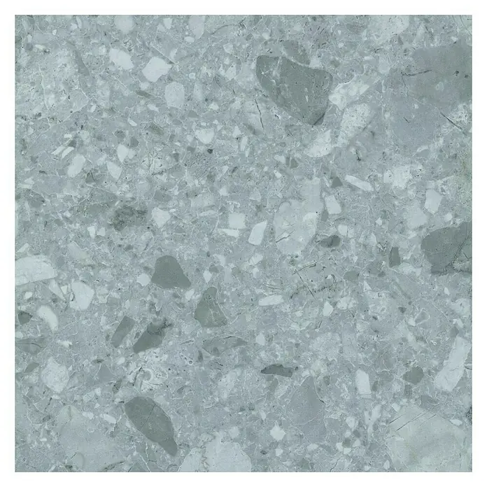 Resopal Küchenrückwand Fixmaß - Nuvolento, 363 x 63,5 cm, Stärke: 15,6 mm, Holz - Graue Terrazzo-Fliese mit gesprenkelter Oberfläche. Ideal für moderne Innenräume, bietet Langlebigkeit und stilvolles Design.