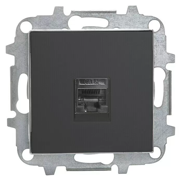 Niessen Sky Toma de red - Negro, Plástico - Módulo de toma de pared Ethernet CAT.5e gris oscuro con marco de montaje metálico.