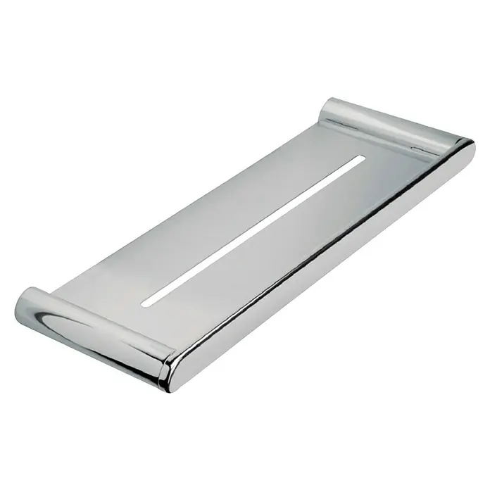 Bath Stage B-Moon Repisa de baño - Cromo, Brillante - Un primer plano de un estante cromado rectangular y elegante con un diseño ranurado, perfecto para soluciones de almacenamiento elegantes.