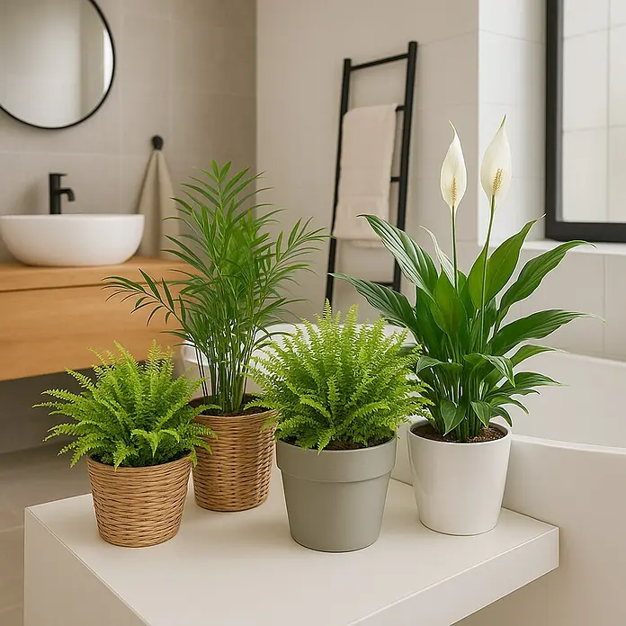Piardino Zimmerpflanzen-Set - Badezimmer - 3 tlg. - Eine Nahaufnahme von Zimmerpflanzen wie Farn und Einblatt in dekorativen Töpfen, die auf einer Ablage im Badezimmer stehen.