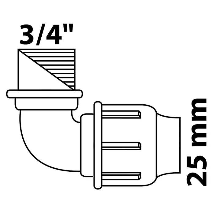 HDPE-Übergangswinkel - Durchmesser: 25 mm, Innengewinde: ¾″, Polypropylen - Schwarzes Bild ohne erkennbare Details. Einfache, dunkle Fläche ohne Textur oder Form. Ideal für minimalistische Designs oder als Platzhalter.