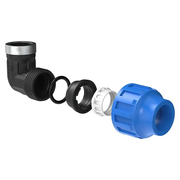 HDPE-Übergangswinkel - Durchmesser: 25 mm, Innengewinde: ¾″, Polypropylen - Explosionszeichnung einer Eckverschraubung mit blauer Überwurfmutter, Dichtungen und schwarzem Winkelstück.