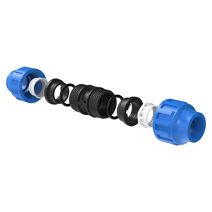 HDPE-Übergangsstück - Durchmesser: 25 mm, Polypropylen - Explosionsansicht einer blauen Rohrverschraubung, die ihre internen Komponenten und Verbindungen zeigt.