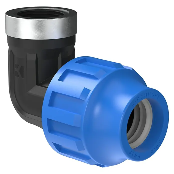 HDPE-Übergangswinkel - Durchmesser: 25 mm, Innengewinde: ¾″, Polypropylen - Ein 90-Grad-Rohrverbinder mit einem schwarzen Winkelstück und einer blauen Kupplung, ideal für zuverlässige Sanitärinstallationen.