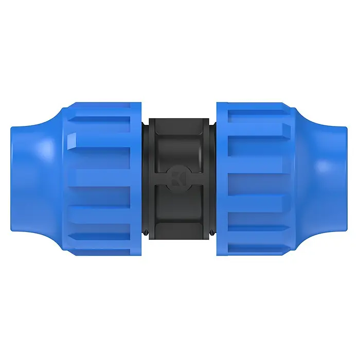 HDPE-Übergangsstück - Durchmesser: 25 mm, Polypropylen - Hier ist eine Nahaufnahme eines blauen PE-Rohrverbinders mit einem schwarzen Mittelstück. Das Produkt ist für die Verbindung von Rohren konzipiert.