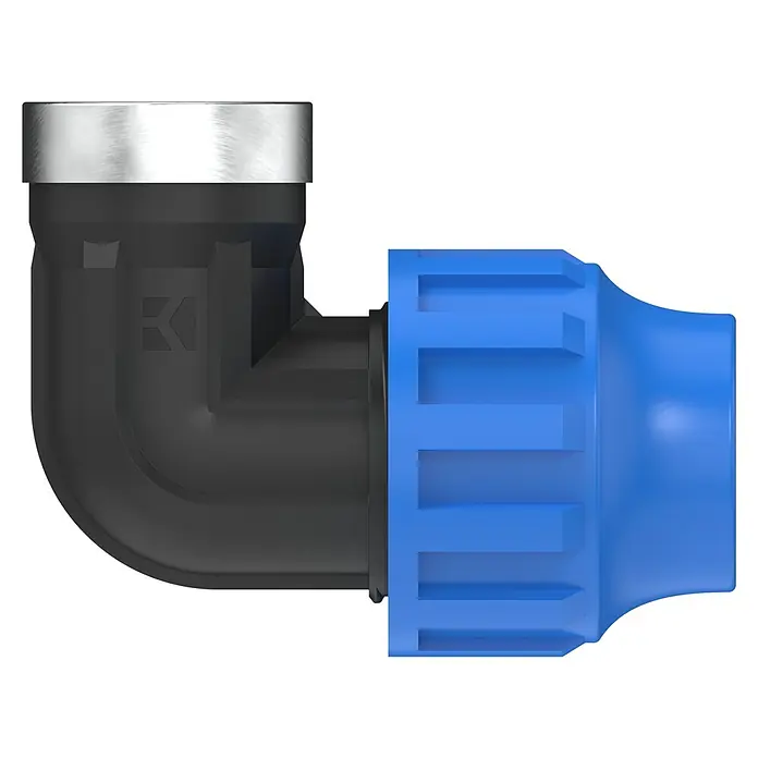 HDPE-Übergangswinkel - Durchmesser: 25 mm, Innengewinde: ¾″, Polypropylen - Schwarzer und blauer 90-Grad-Winkelverbinder mit Metalleinsatz für Sanitär- und Heizungsanwendungen. Robuste Konstruktion.
