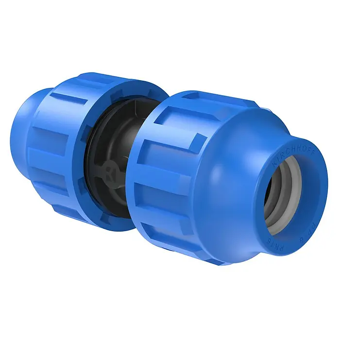 HDPE-Übergangsstück - Durchmesser: 25 mm, Polypropylen - Das Bild zeigt eine blaue Rohrverschraubung von Kirchhoff, die für PP-B PN16 Rohre geeignet ist und eine zuverlässige Verbindung gewährleistet.