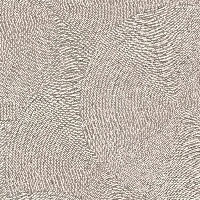 A.S. Création Hygge 3 Vliestapete Kreise - Beige-Grau, Grafisch, 10,05 x 0,53 m - Nahaufnahme eines beigen Wandbilds mit spiralförmigem Seildesign, das eine natürliche und elegante Textur für Innenräume bietet.