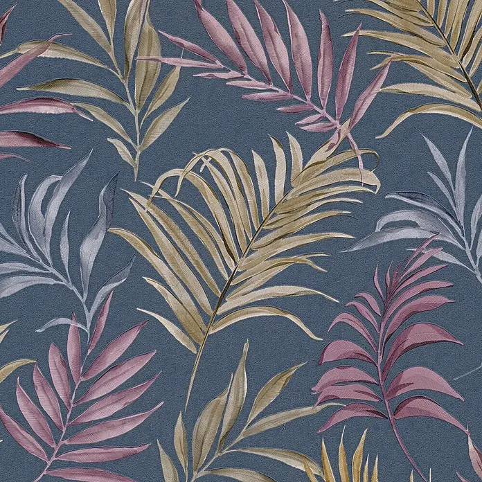 A.S. Création Cosmoliving by Cosmopolitan Vliestapete Ranken - Blau-Lila-Gelb, Floral, 10,05 x 0,53 m - Blau gemusterte Tapete mit stilisierten Blättern in Gold-, Rosa- und Silbertönen für eine elegante Wanddekoration.