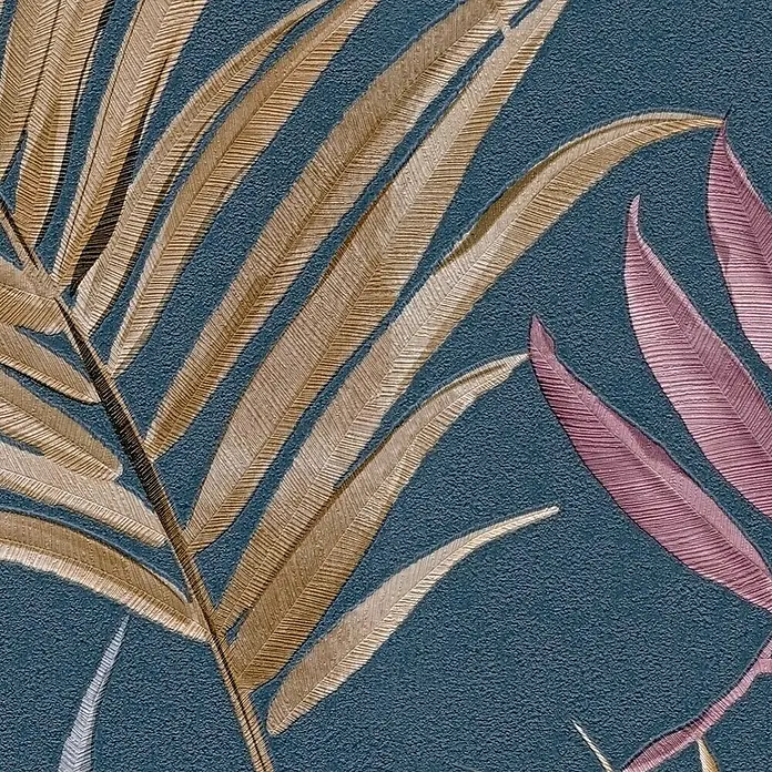 A.S. Création Cosmoliving by Cosmopolitan Vliestapete Ranken - Blau-Lila-Gelb, Floral, 10,05 x 0,53 m - Detailaufnahme einer geprägten Tapete mit goldenen und rosafarbenen Palmblattmotiven auf dunkelblauem Grund. Elegantes Design für stilvolle Innenräume.