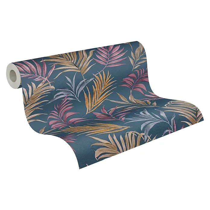 A.S. Création Cosmoliving by Cosmopolitan Vliestapete Ranken - Blau-Lila-Gelb, Floral, 10,05 x 0,53 m - Eine Rolle botanische Tapete mit Palmenblattmuster in Braun-, Rosa- und Blautönen. Sorgt für ein natürliches Flair in jedem Raum.