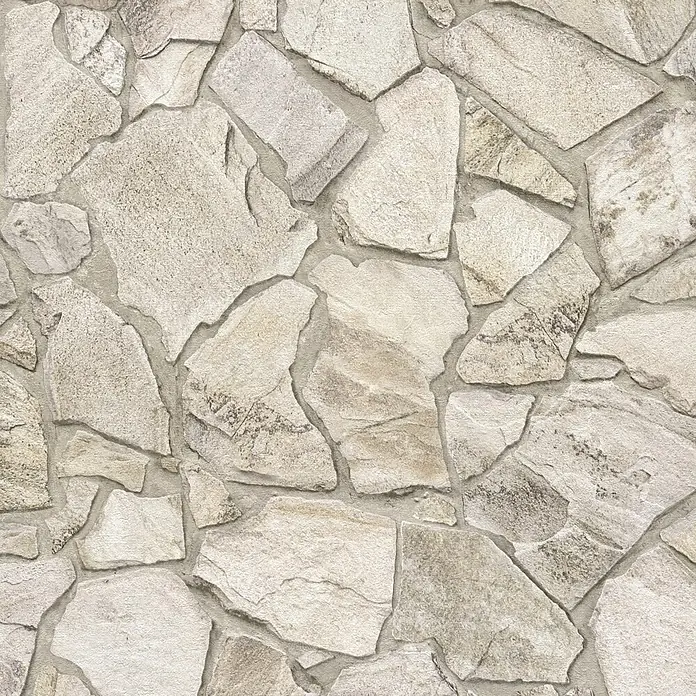 A.S. Création Papel pintado de vellón Piedra - Beige, Efecto piedra, 10,05 x 0,53 m - Primer plano de una pared hecha de piedras naturales beige de varias formas y tamaños con mortero gris.