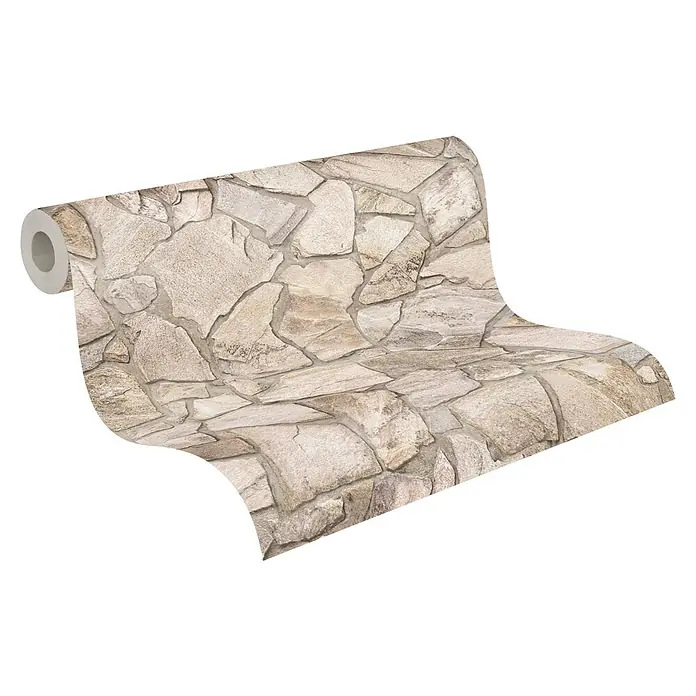 A.S. Création Papel pintado de vellón Piedra - Beige, Efecto piedra, 10,05 x 0,53 m - Un rollo de papel pintado de piedra con un patrón de piedra realista, ideal para añadir toques rústicos a cualquier habitación. El papel pintado da un ambiente cálido.
