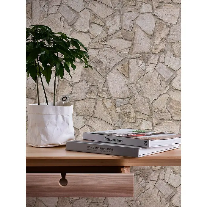 A.S. Création Papel pintado de vellón Piedra - Beige, Efecto piedra, 10,05 x 0,53 m - Composición con una planta de interior, dos libros ("Personalities", "Home Inspirations") sobre una mesa de madera clara con cajón frente a una pared de piedra.
