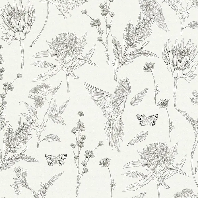 A.S. Création Papel pintado de vellón Flores y Animales - Beige, Floral, 10,05 x 0,53 m - El patrón continuo muestra ilustraciones de aves, mariposas y flores en blanco y negro, ideal para estampados de tela o decoración de paredes.