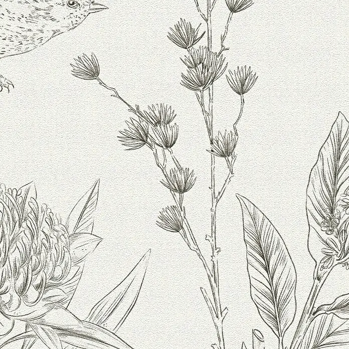 A.S. Création Papel pintado de vellón Flores y Animales - Beige, Floral, 10,05 x 0,53 m - Dibujo a lápiz monocromático de un pájaro, diversas flores y follaje.