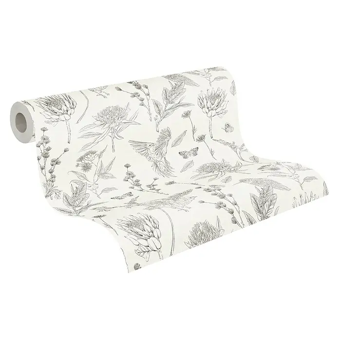 A.S. Création Papel pintado de vellón Flores y Animales - Beige, Floral, 10,05 x 0,53 m - Rollo de papel pintado con un elegante diseño de aves y plantas, ideal para un diseño interior elegante.