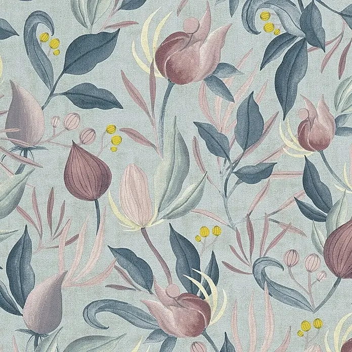 A.S. Création Cosmoliving by Cosmopolitan Vliestapete Blüte - Blau-Rosa-Pink, Floral, 10,05 x 0,53 m - Ein detailreiches florales Muster mit blühenden Blumen und Blättern in sanften Farben auf hellblauem Grund.