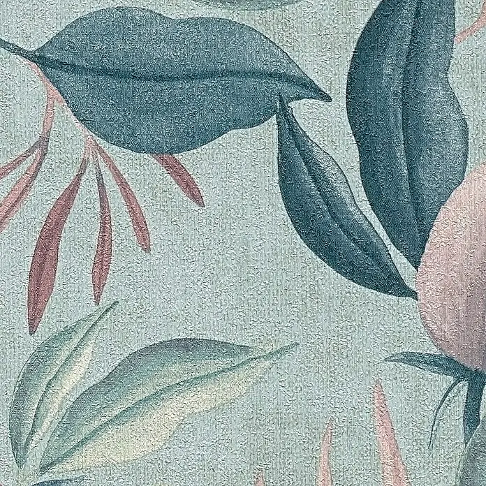 A.S. Création Cosmoliving by Cosmopolitan Vliestapete Blüte - Blau-Rosa-Pink, Floral, 10,05 x 0,53 m - Nahaufnahme einer texturierten Oberfläche mit Blattmotiven in Blau, Grün und Rosa.