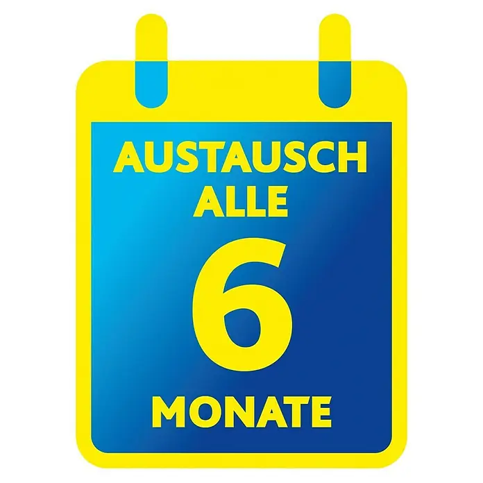 Vileda SuperMocio Wischmop Soft - Kunststoff/Mikrofaser - Kalenderblatt mit der Aufschrift "Austausch alle 6 Monate" in gelber Schrift auf blauem Hintergrund, umgeben von gelbem Rand.