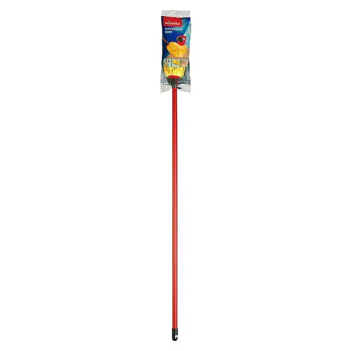Vileda SuperMocio Wischmop Soft - Kunststoff/Mikrofaser - Das Bild zeigt einen Vileda SuperMocio Soft Wischmop mit rotem Stiel in der Originalverpackung, ideal für die Bodenreinigung im Haushalt.