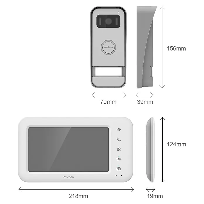 Avidsen Farb-Video-Türsprechanlage Elia Smart 2 - 1-Familienhaus - Abbildung des Avidsen Video-Türsprechanlagen-Sets mit Maßen für das Außengerät und den Monitor.