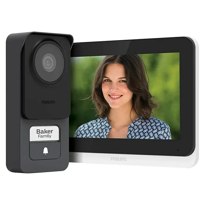 Philips WelcomeEye Farb-Video-Türsprechanlage Lite 2 - 1-Familienhaus - Philips Video-Türklingel mit einer Frau auf dem Bildschirm, die die Überwachungsfunktion des Systems demonstriert.