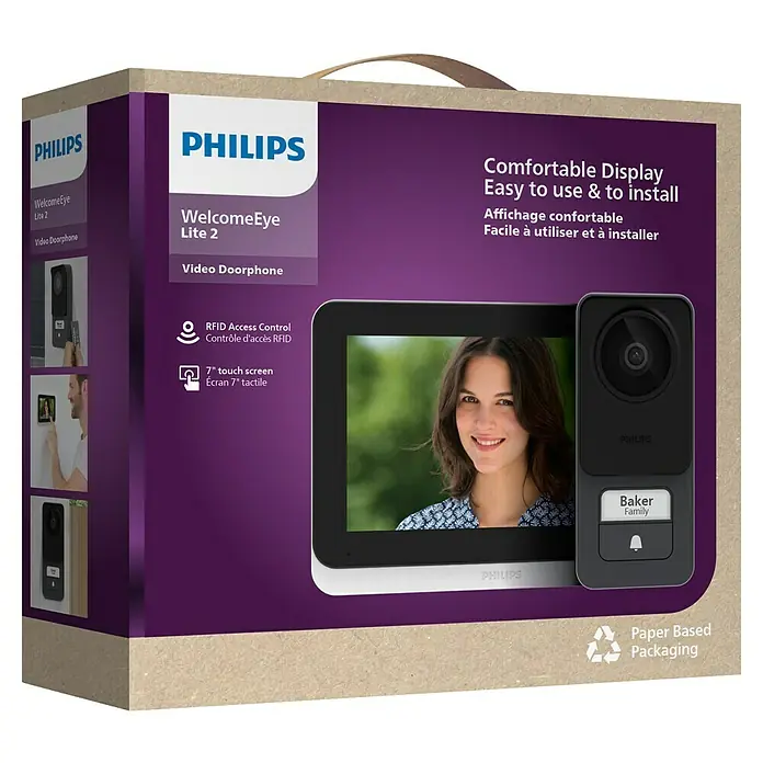 Philips WelcomeEye Farb-Video-Türsprechanlage Lite 2 - 1-Familienhaus - Verpackung der Philips WelcomeEye Lite 2 Video-Türsprechanlage mit benutzerfreundlichem Display und einfacher Installation.