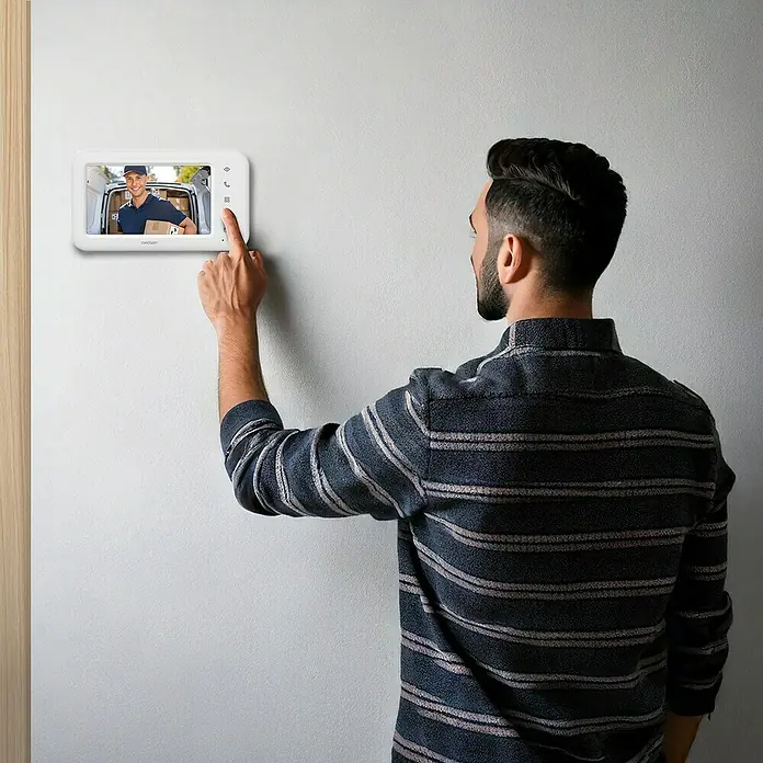 Avidsen Farb-Video-Türsprechanlage Elia Smart 2 - 1-Familienhaus - Der Mann interagiert mit der Aidtion-Gegensprechanlage, die an einer weißen Wand befestigt ist und ein klares Bild des Lieferboten zeigt.