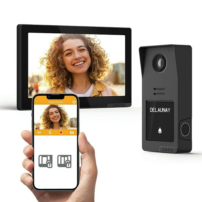 Extel Farb-Video-Türsprechanlage Smart kabelgebunden mit Fingerabdruckleser -  - Intelligente Türklingel mit Display, Kamera und Smartphone-Anbindung für moderne Haussicherheit und komfortable Türkommunikation.