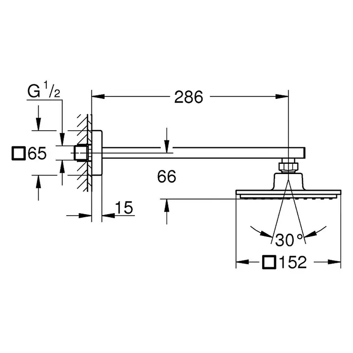 Grohe Euphoria Cube Kopfbrausen-Set 15215,2 x 15,2 cm, 9,5 l/min, Chrom - Technische Zeichnung des Kopfbrause-Systems mit Maßangaben. Einfach und übersichtlich gestaltet für Installateure.