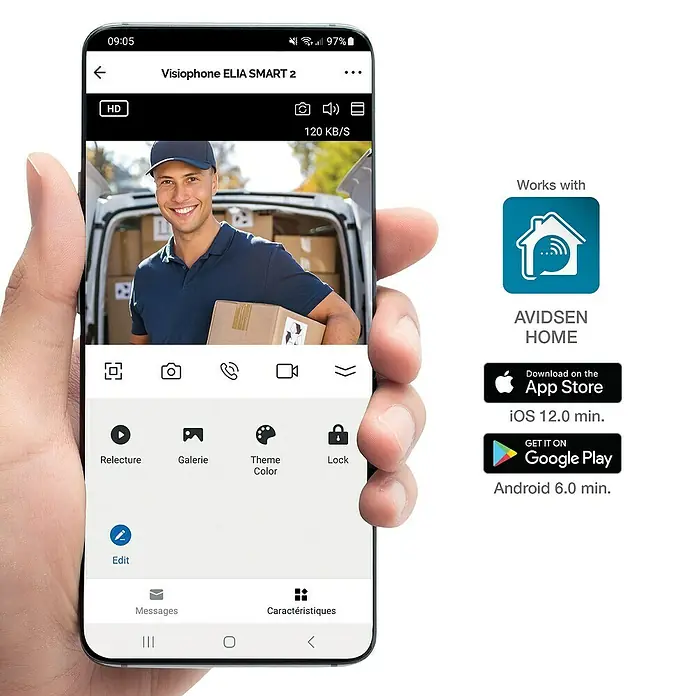 Avidsen Farb-Video-Türsprechanlage Elia Smart 2 - 1-Familienhaus - Nahaufnahme eines Smartphones mit der Visiophone ELIA SMART 2 App, die einen Paketboten zeigt und App-Download-Optionen bewirbt.