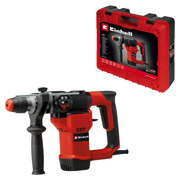 Einhell Martillo perforador TC-RH 28 3F - 950 W, 3,5 J, Alojamiento SDS-Plus - Imagen de un martillo rotatorio Einhell con cuerpo rojo y mango negro, acompañado de un maletín de almacenamiento rojo.