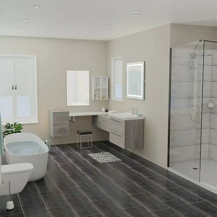 Camargue Espacio Badmöbel-Set X27 - 160 x 200 cm, Gama weiß glänzend - Badezimmer mit Badewanne, Waschtisch und Dusche. Die dunklen Holzböden kontrastieren mit den hellen Möbeln.