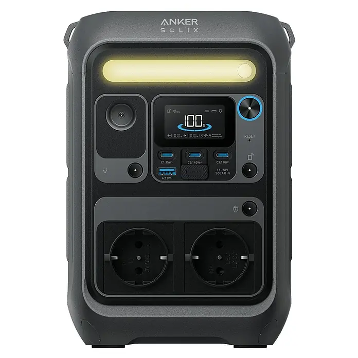 Anker Powerstation SOLIX C300X - 288 Wh, Schwarz - Ansicht der Anker SOLIX Powerstation, die eine zuverlässige Stromversorgung für verschiedene Geräte mit mehreren Anschlüssen bietet.